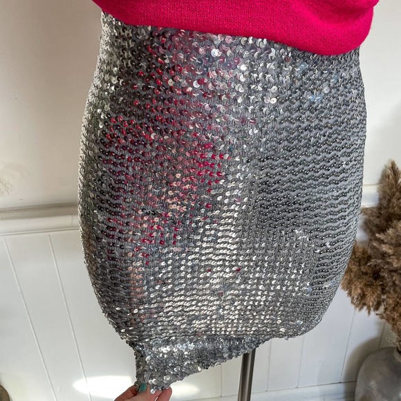 Vintage 1970s Silver Sequin Tube Skirt Top Festive Holiday One Size - Picture 9 of 11